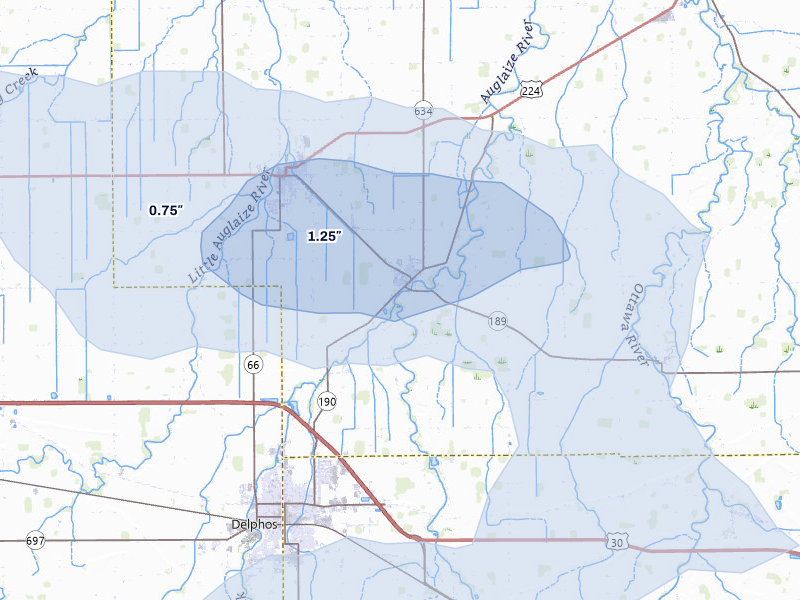 NEXRAD radar-signature map of the hail storm over Fort Jennings, OH on Jul 3, 2026
