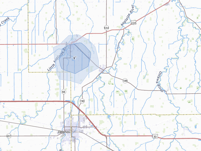 NEXRAD radar-signature map of the hail storm over Fort Jennings, OH on Jul 27, 2026