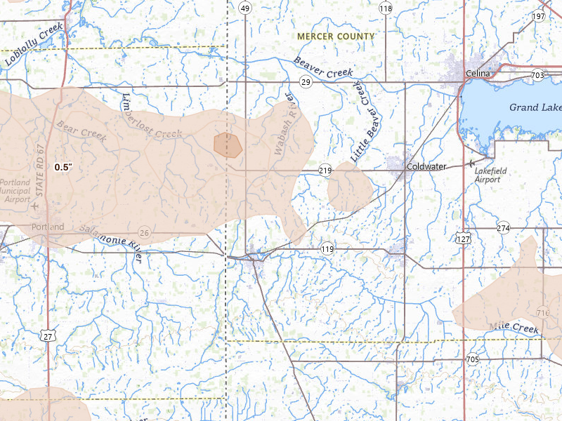 Radar-estimated hail-size map of the storm over Fort Recovery, OH on Mar 22, 2026