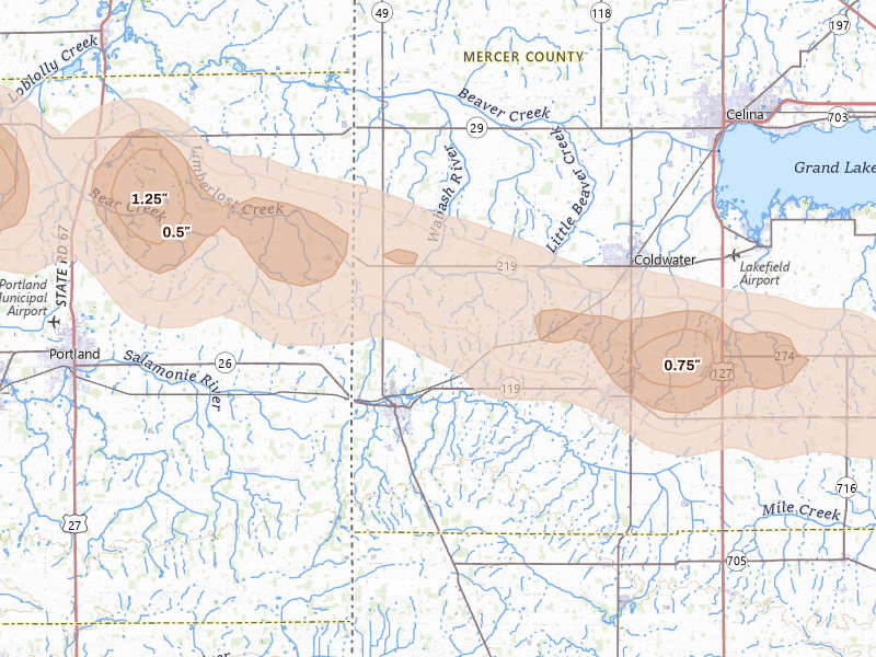 Radar-estimated hail-size map of the storm over Fort Recovery, OH on Mar 26, 2026