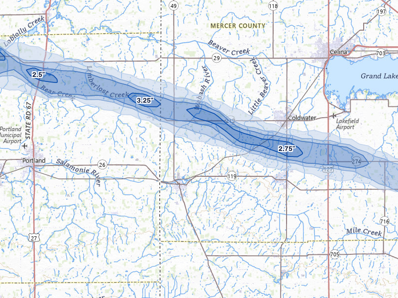 NEXRAD radar-signature map of the hail over Fort Recovery, OH