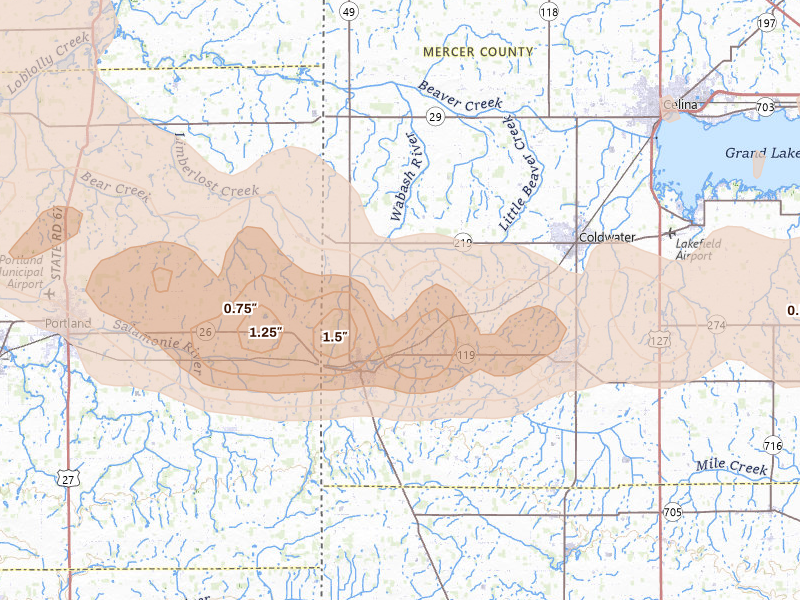 Radar-estimated hail-size map of the storm over Fort Recovery, OH