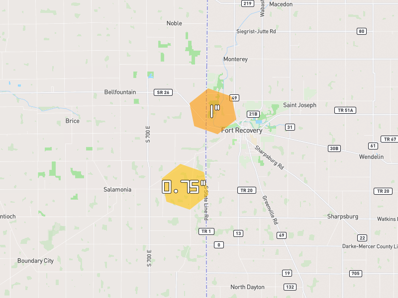 Hail map of Fort Recovery, OH on Jun 6, 2026, hail up to 1"