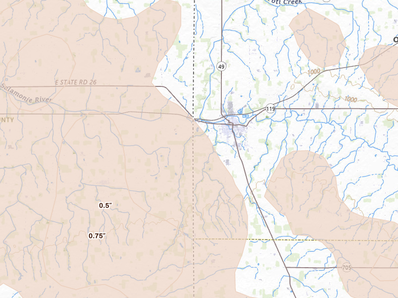 Radar-estimated hail-size map of the storm over Fort Recovery, OH on Aug 11, 2026