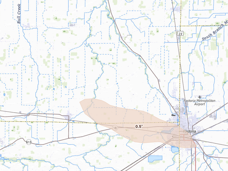 Radar-estimated hail-size map of the storm over Fostoria, OH on Apr 22, 2026