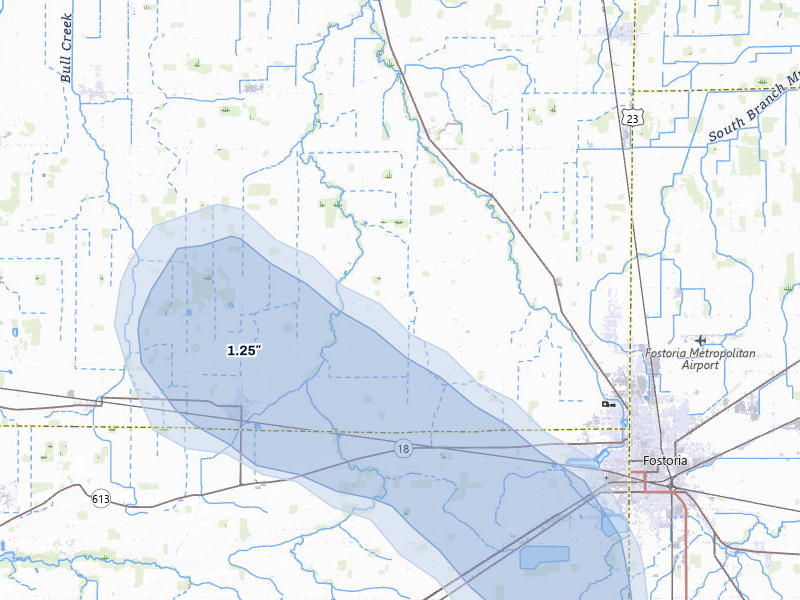 NEXRAD radar-signature map of the hail storm over Fostoria, OH on Apr 22, 2026