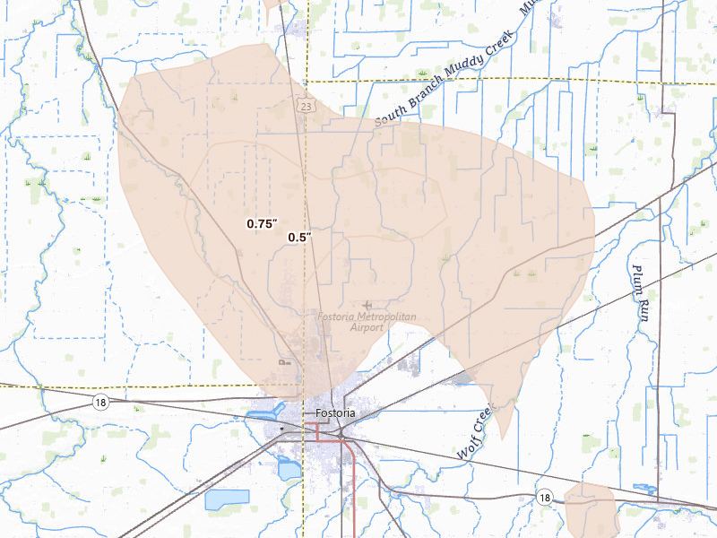 Radar-estimated hail-size map of the storm over Fostoria, OH on Aug 10, 2026