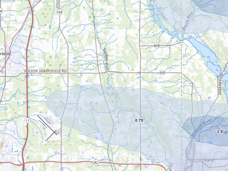 NEXRAD radar-signature map of the hail storm over Fowler, OH on Jul 3, 2026