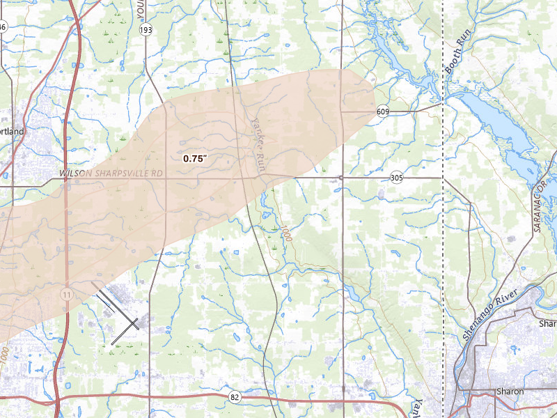 Radar-estimated hail-size map of the storm over Fowler, OH on Jul 4, 2026