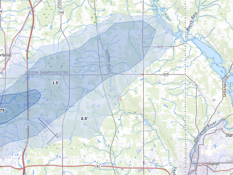 NEXRAD radar-signature map of the hail storm over Fowler, OH on Jul 4, 2026