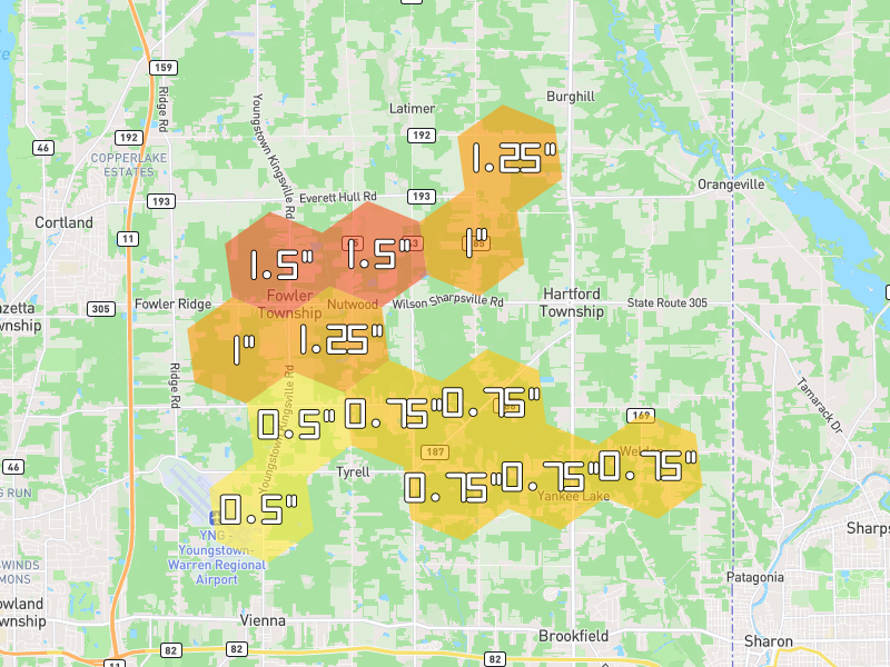 Hail map of Fowler, OH on Jul 4, 2026, hail up to 1.5"