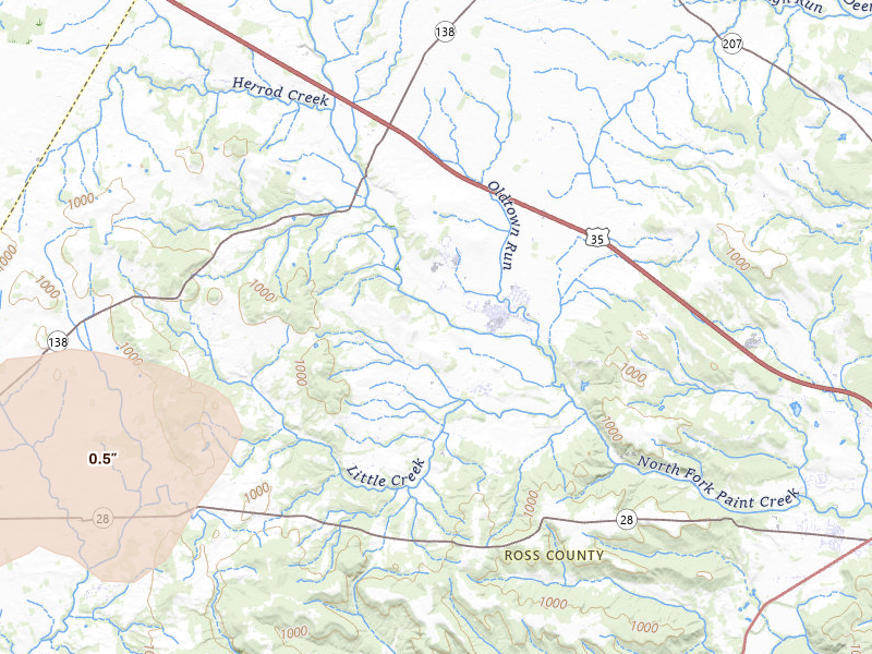 Radar-estimated hail-size map of the storm over Frankfort, OH on Jul 21, 2026