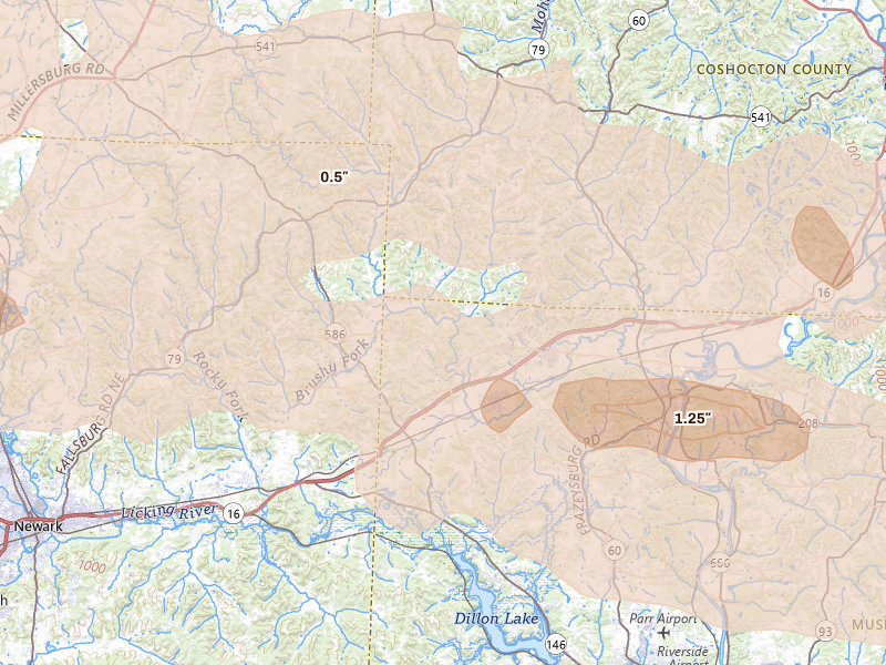 Radar-estimated hail-size map of the storm over Frazeysburg, OH on Mar 22, 2026