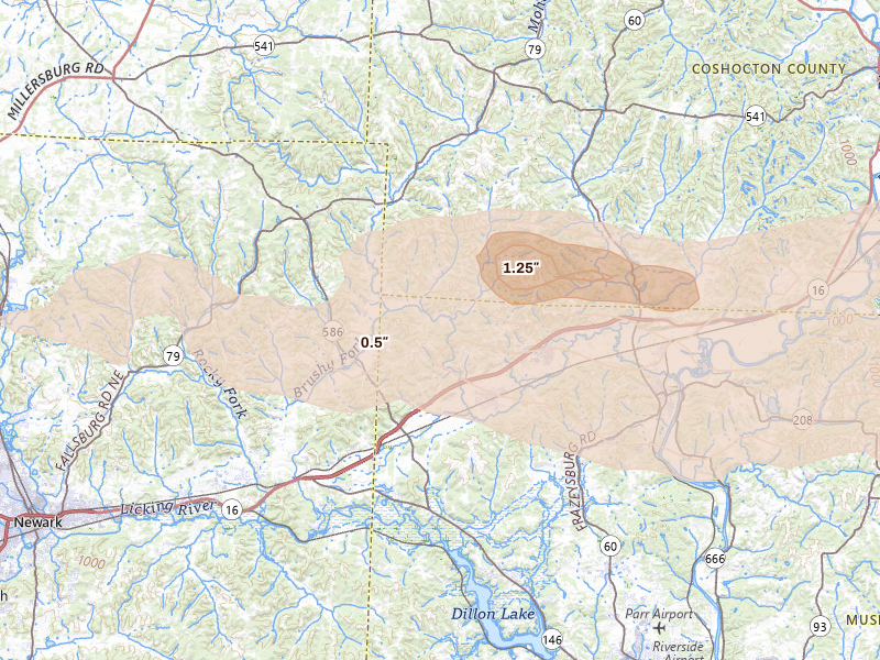 Radar-estimated hail-size map of the storm over Frazeysburg, OH on Jun 6, 2026