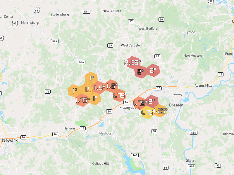 Hail map of Frazeysburg, OH on Jun 6, 2026, hail up to 2.25"