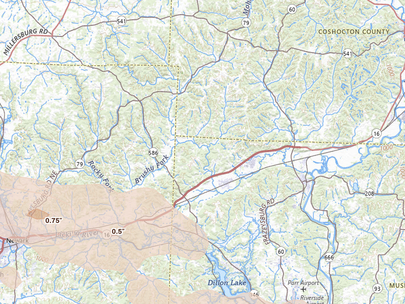 Radar-estimated hail-size map of the storm over Frazeysburg, OH on Jul 21, 2026