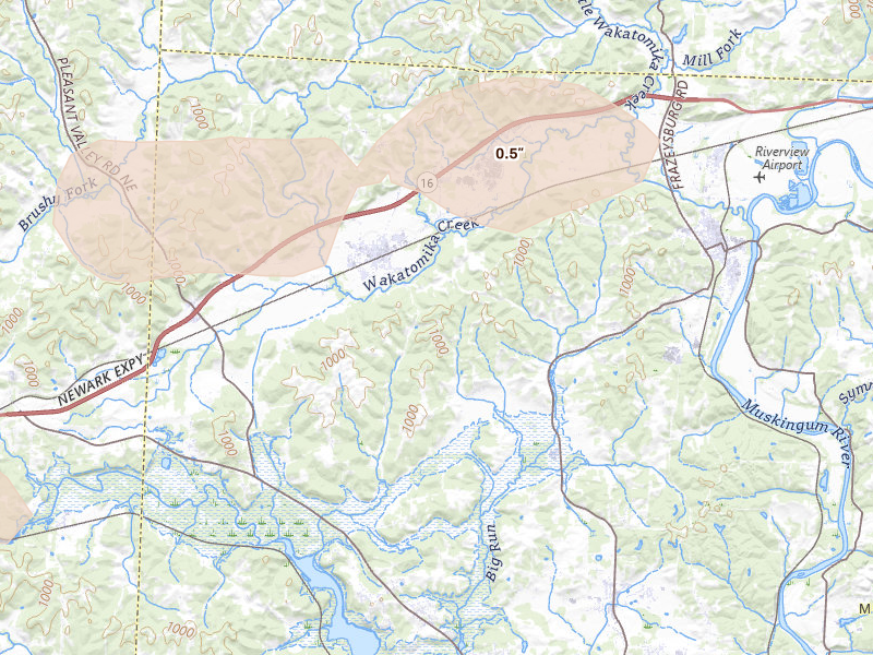 Radar-estimated hail-size map of the storm over Frazeysburg, OH on Aug 10, 2026