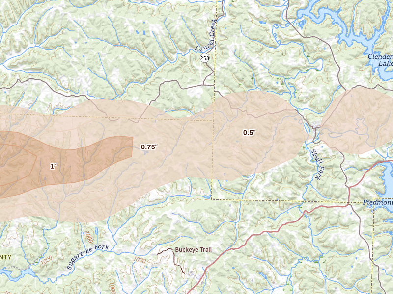 Radar-estimated hail-size map of the storm over Freeport, OH on Mar 22, 2026
