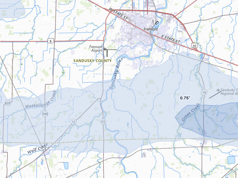 NEXRAD radar-signature map of the hail over Fremont, OH