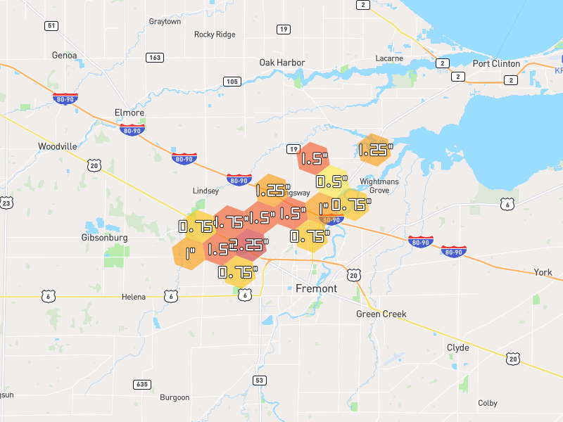 Hail map of Fremont, OH on Jul 3, 2026, hail up to 2.25"