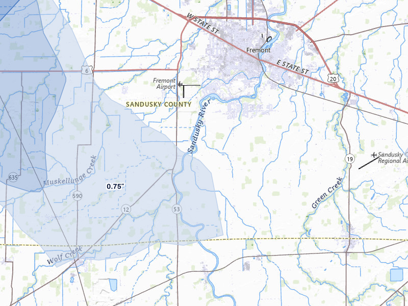 NEXRAD radar-signature map of the hail over Fremont, OH