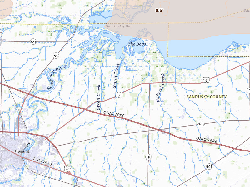 Radar-estimated hail-size map of the storm over Fremont, OH on Jul 20, 2026