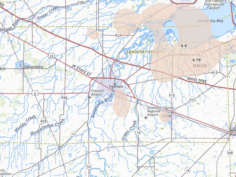 Radar-estimated hail-size map of the storm over Fremont, OH on Aug 9, 2026