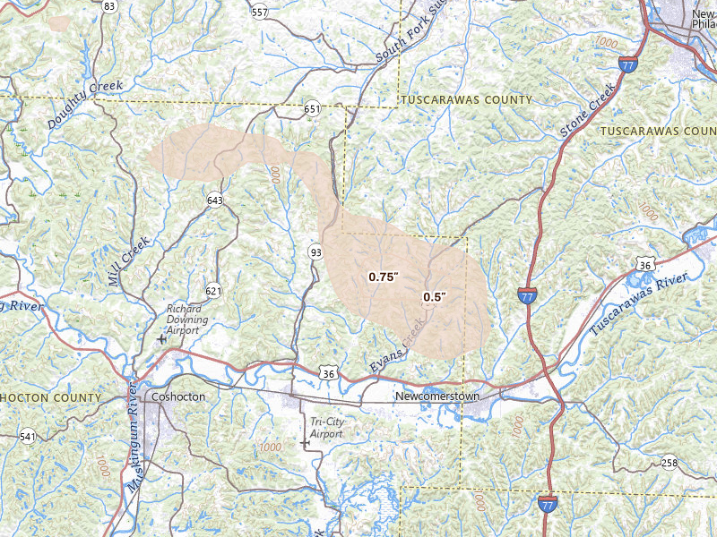 Radar-estimated hail-size map of the storm over Fresno, OH on Aug 8, 2026
