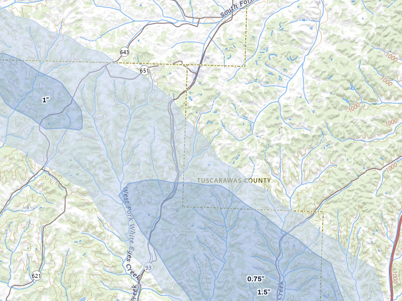 NEXRAD radar-signature map of the hail storm over Fresno, OH on Aug 8, 2026