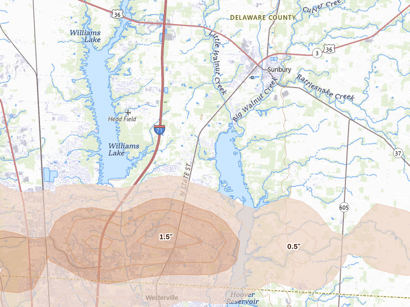 Radar-estimated hail-size map of the storm over Galena, OH on Jun 6, 2026