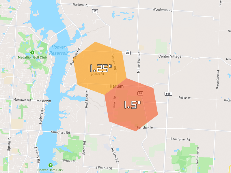 Hail map of Galena, OH on Jun 6, 2026, hail up to 1.5"