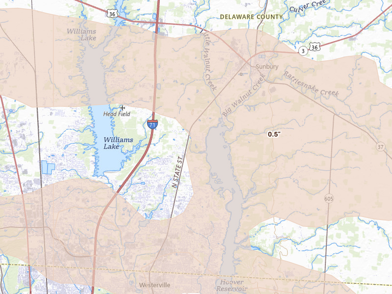 Radar-estimated hail-size map of the storm over Galena, OH on Jul 21, 2026