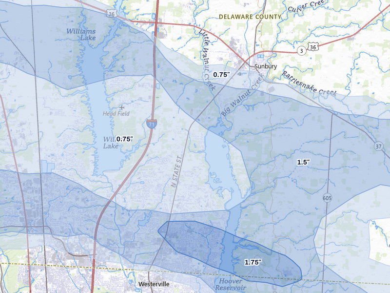 NEXRAD radar-signature map of the hail over Galena, OH