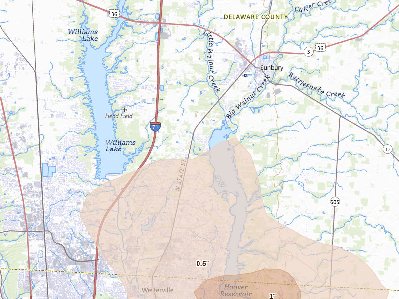 Radar-estimated hail-size map of the storm over Galena, OH on Aug 8, 2026