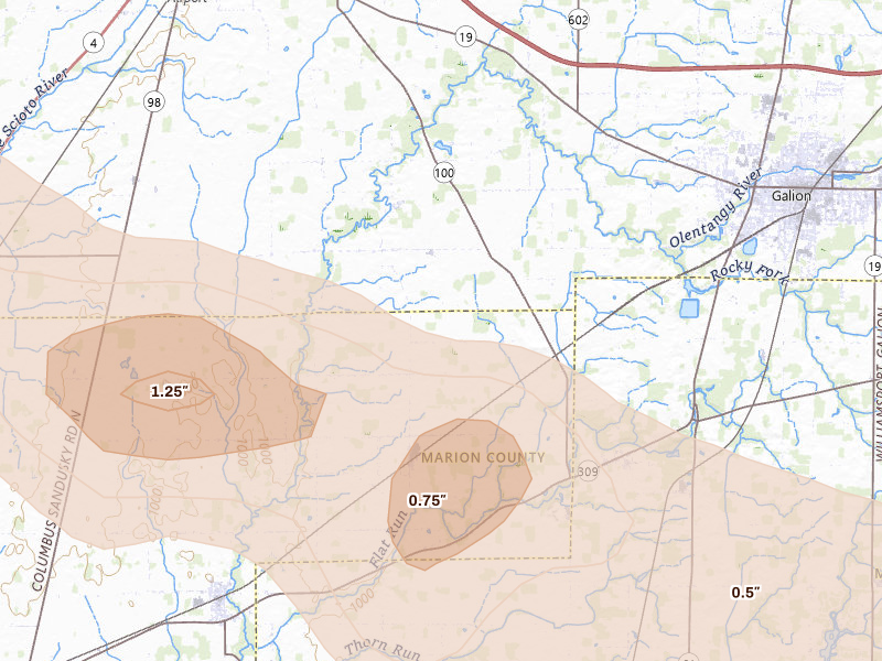 Radar-estimated hail-size map of the storm over Galion, OH on Mar 26, 2026