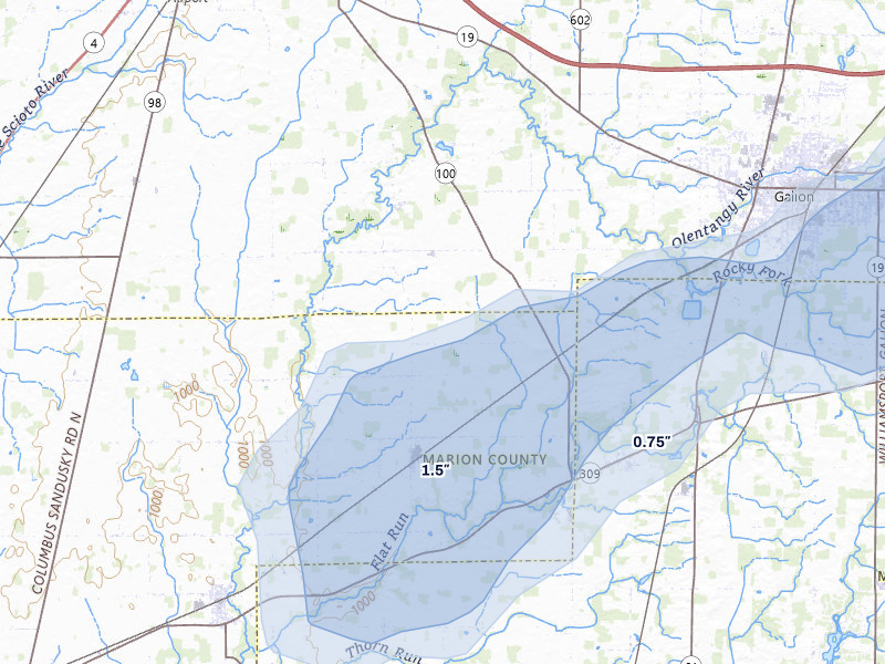NEXRAD radar-signature map of the hail storm over Galion, OH on Jul 3, 2026
