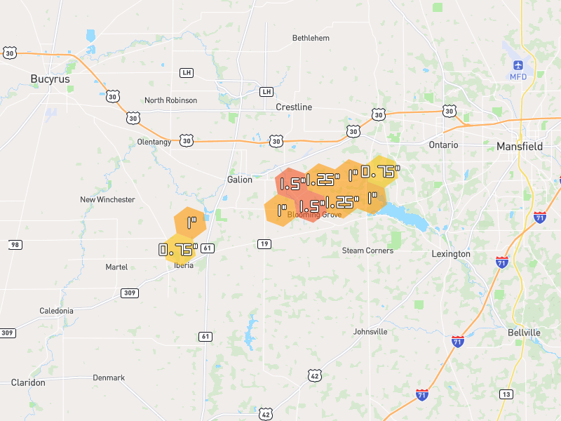 Hail map of Galion, OH on Jul 4, 2026, hail up to 1.5"
