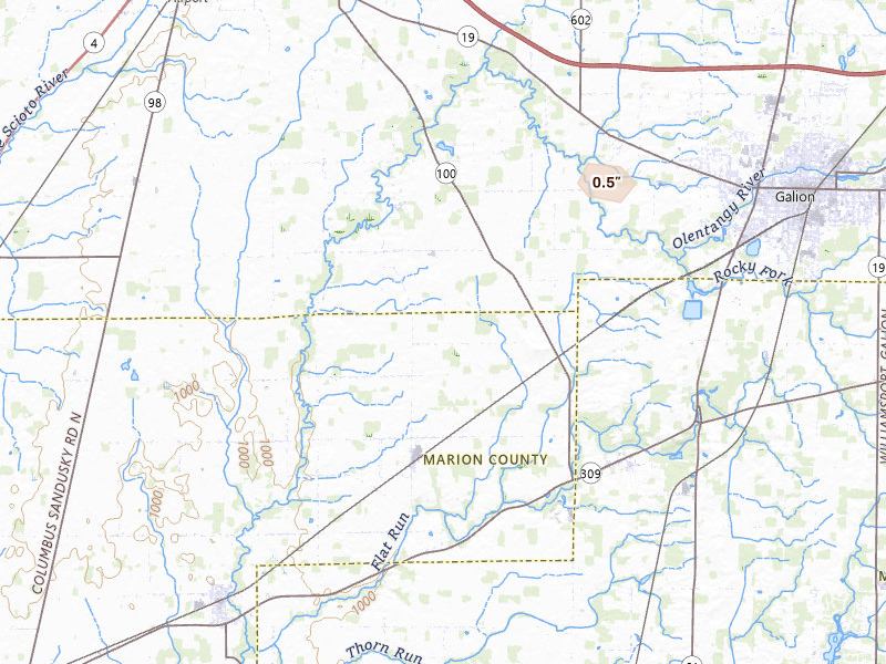 Radar-estimated hail-size map of the storm over Galion, OH on Jul 11, 2026