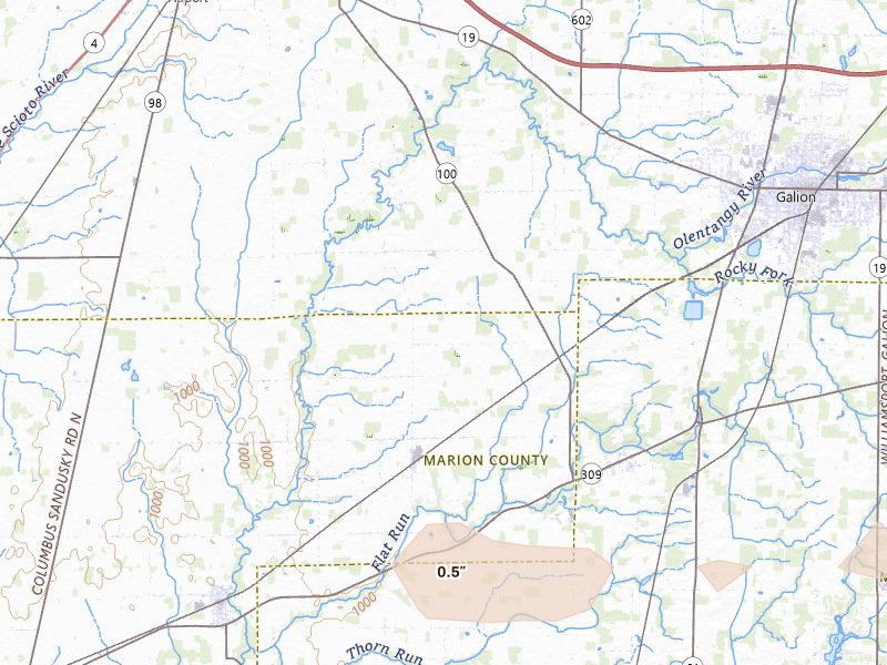 Radar-estimated hail-size map of the storm over Galion, OH on Jul 18, 2026