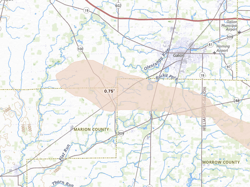 Radar-estimated hail-size map of the storm over Galion, OH on Aug 8, 2026