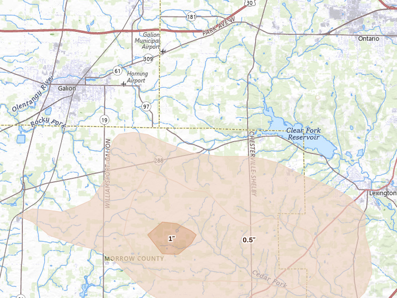 Radar-estimated hail-size map of the storm over Galion, OH on Aug 10, 2026