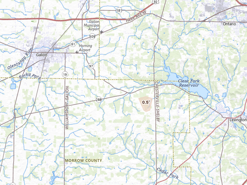 Radar-estimated hail-size map of the storm over Galion, OH on Sep 3, 2026