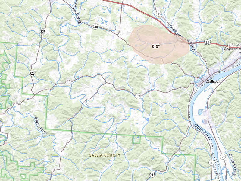 Radar-estimated hail-size map of the storm over Gallipolis, OH on Apr 1, 2026