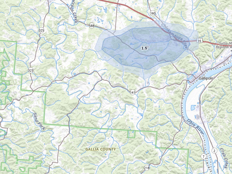 NEXRAD radar-signature map of the hail storm over Gallipolis, OH on Apr 1, 2026