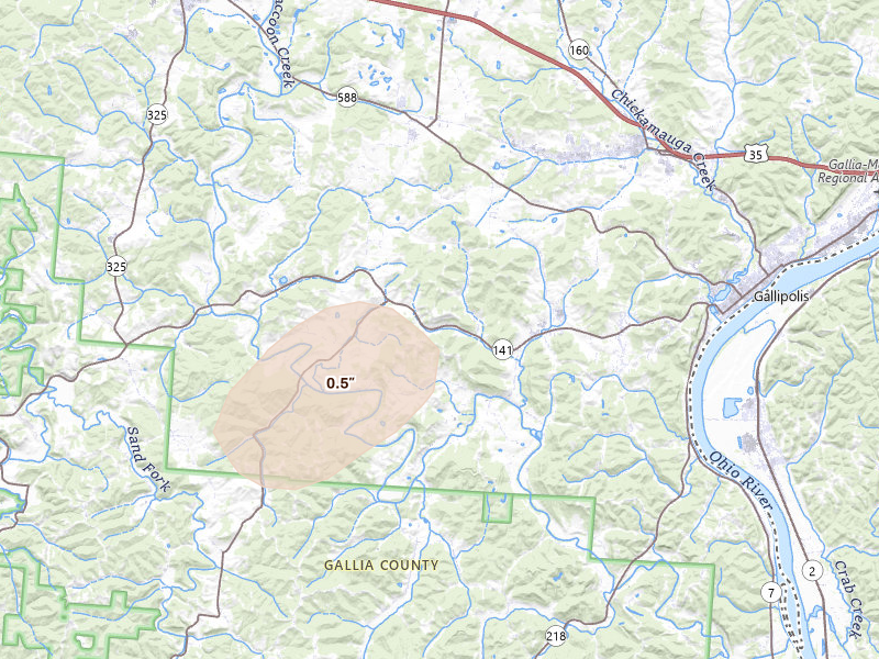 Radar-estimated hail-size map of the storm over Gallipolis, OH on May 27, 2026