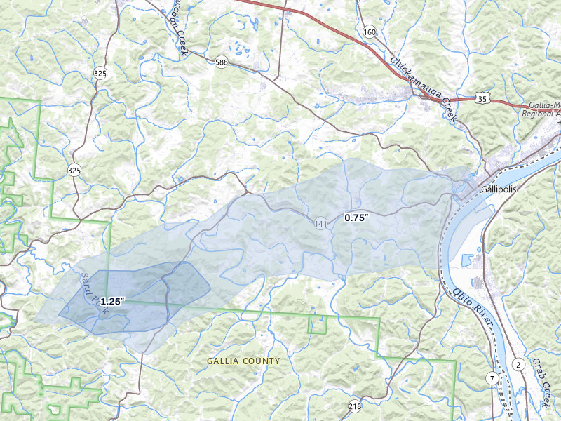 NEXRAD radar-signature map of the hail storm over Gallipolis, OH on May 27, 2026
