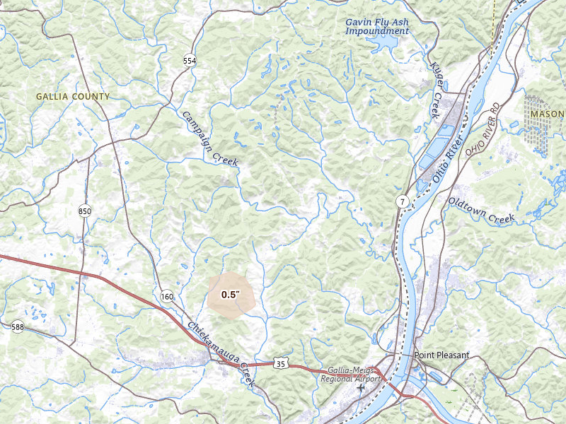 Radar-estimated hail-size map of the storm over Gallipolis, OH on Aug 7, 2026