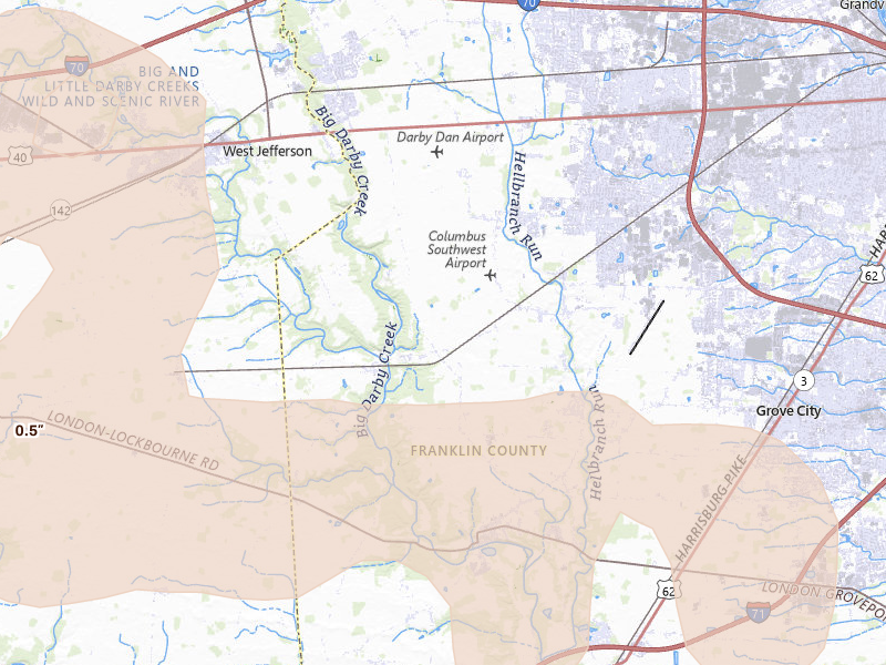 Radar-estimated hail-size map of the storm over Galloway, OH on Mar 22, 2026