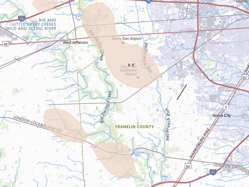 Radar-estimated hail-size map of the storm over Galloway, OH on Jun 6, 2026