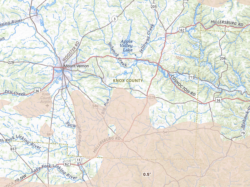 Radar-estimated hail-size map of the storm over Gambier, OH on Mar 22, 2026